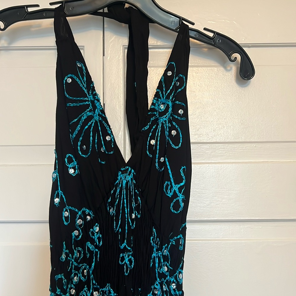 Black and teal dress.